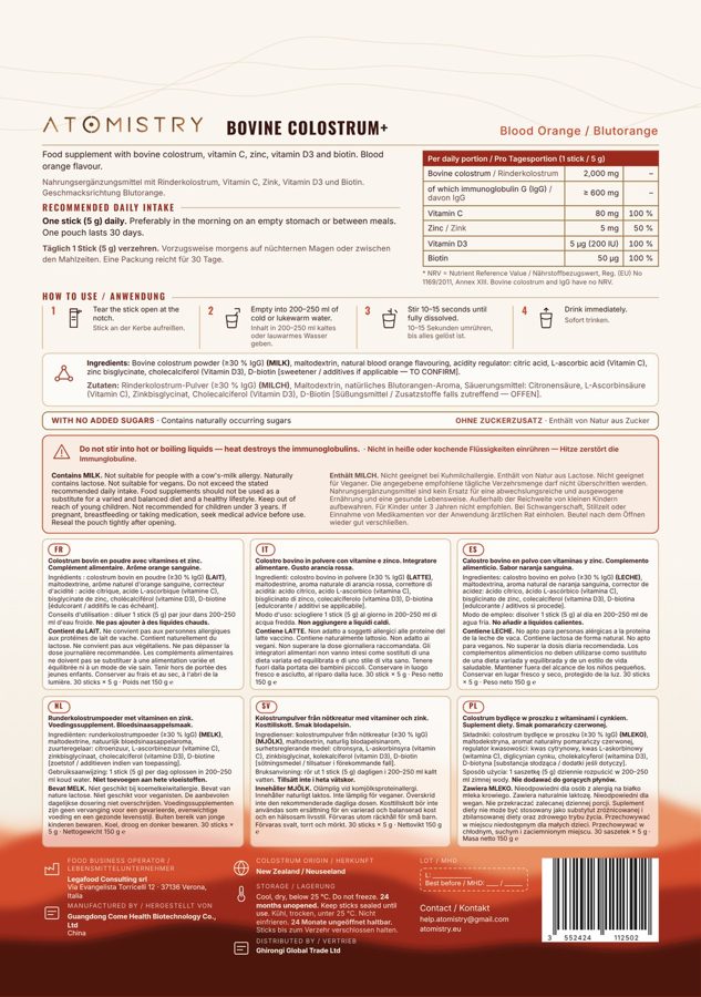 Atomistry Bovine Colostrum+ Blood Orange, pouch back showing full ingredient and allergen information