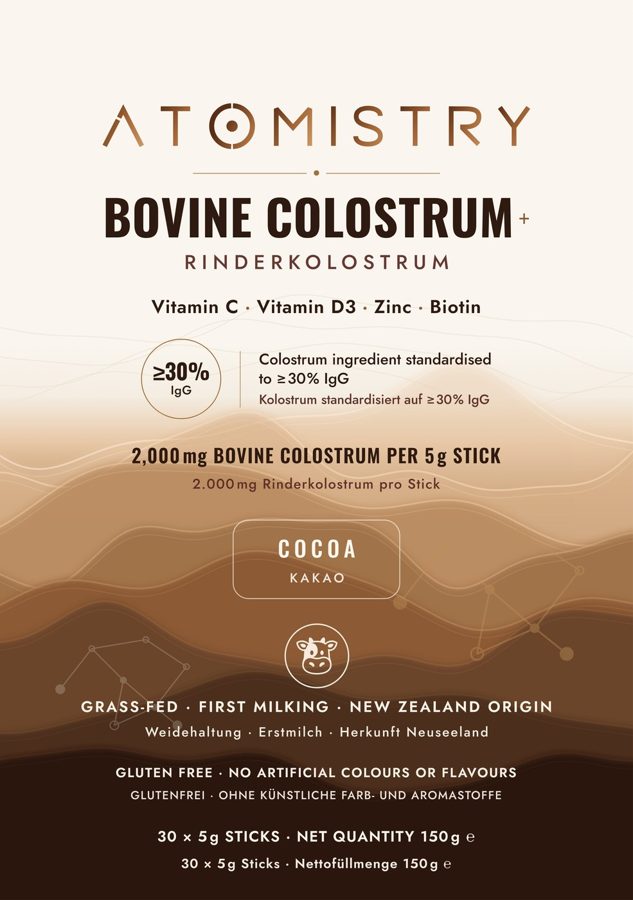 Atomistry Bovine Colostrum+ Cocoa pouch, 30 sticks, 150 g