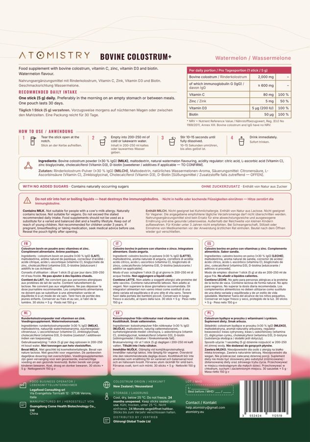 Atomistry Bovine Colostrum+ Watermelon, pouch back showing full ingredient and allergen information